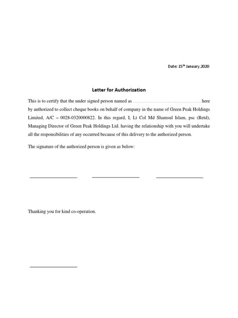 Authorization Letter Cheque Collect Pdf