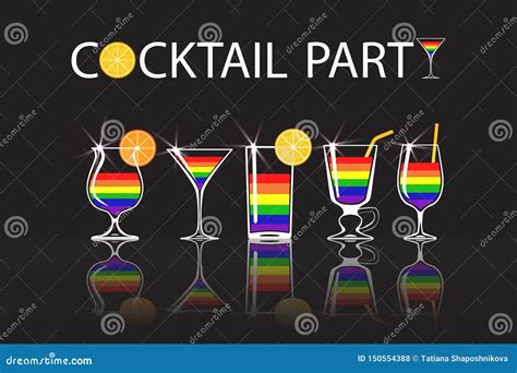 set of cocktails with colors of lgbt flag on black background stock illustration illustration