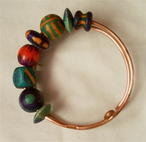 Copper Bangle Bracelet With Hand Painted Wooden Beads Aftcra