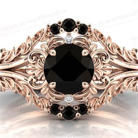 Antique Black Onyx Engagement Ring Set Art Deco Floral Black Etsy