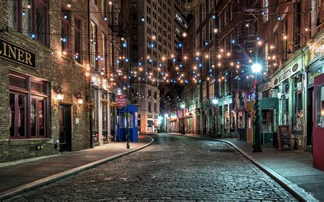 Wallpaper New York Old Town Street Colorful Lights Night Usa