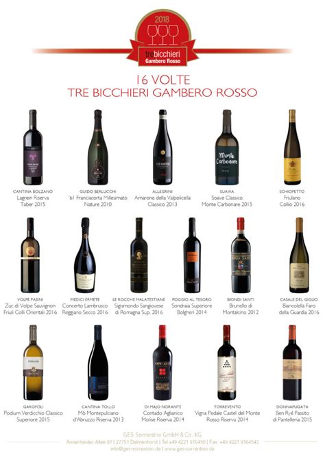 In attesa dell'elenco completo, le prime anticipazioni sulla nuova guida dedicata al 2021 fanno chiarezza sulle regioni che vantano più vini col prestigioso riconoscimento dei tre bicchieri (si va dai 26 della sicilia ai 44 del veneto). Tre Bicchieri Gambero Rosso 2018 - GES Sorrentino