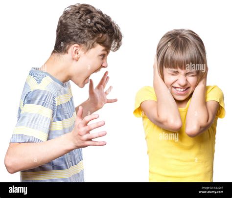Emotional Portrait Of Brother And Sister Quarreling Children Teen