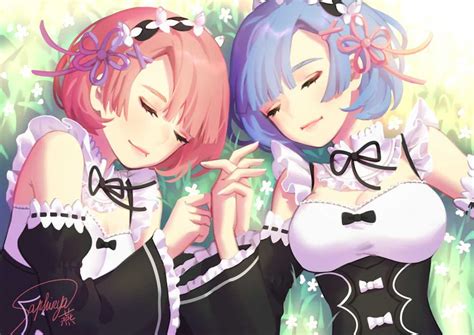 图片描述：2girls Blue Hair Bow Flowers Grass Headdress Maid Pink Hair Ram Rezero Rem Rezero Re