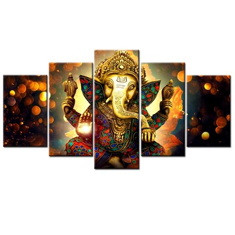 5 Panels Ganesha Wall Art Modular Picture Print Hindu Gods Canvas