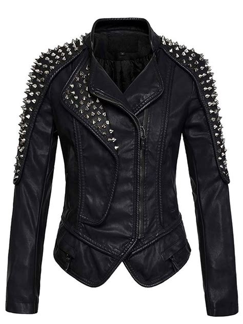 Womens Punk Style Oblique Zip Slimming Black Studded Leather Jacket
