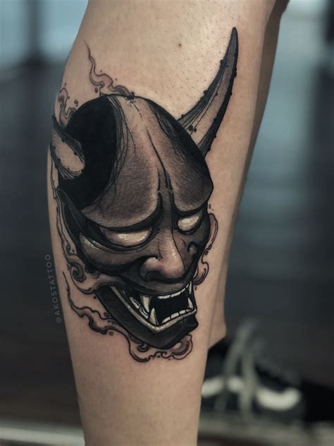 Mixing black and grey with color tattoos. Neo japanese oriental hannya mask and smoke black and grey ...