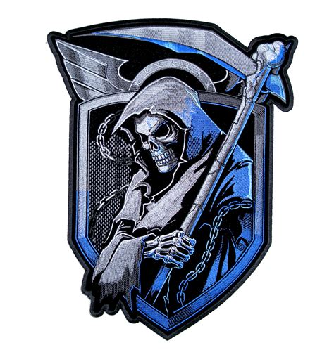 Grim Reaper Skull Angel Of Death Blue Shield Patch