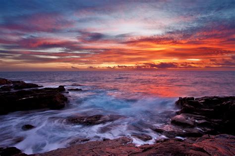 Wallpaper Sea Sky Sunset Clouds Rocks Surf 2048x1365