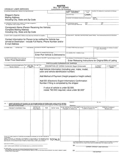 Sample Bill Of Lading Template
