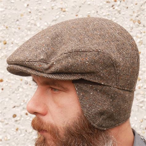 Traditional Irish Tweed Flat Cap With Foldable Ear Flaps Brown Speckled