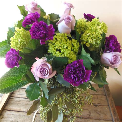Purple Carnations Purple Roses Green Hydrangea Designed By Crickets