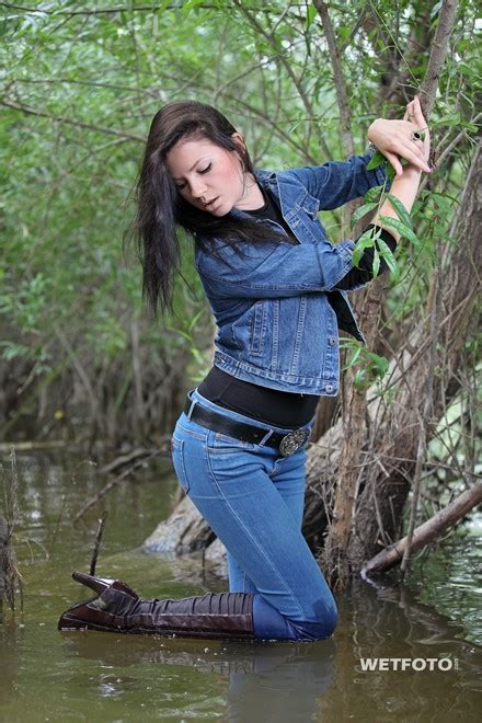 Wetlook By Hot Brunette In Denim Jacket And Skinny Jeans And Leather