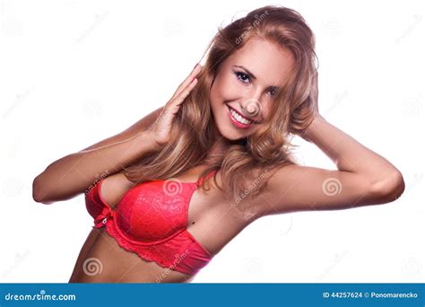 Red Hair Woman In Red Bra Smiling On Camera Stock Photo Image