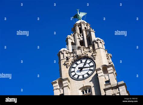 A Close View Of The Clock Tower Of The Liver Building Liverpool Stock