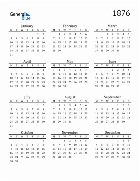Year 1876 Free Printable 12 Month Calendar