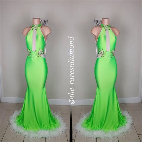 Custom Made Neon Green Gown With Feathersprom Gownprom Dress Etsy