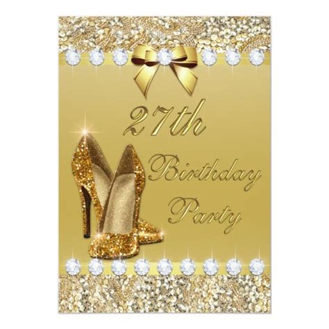 27th Birthday Classy Gold Heels Sequins Diamonds Invitation Uk