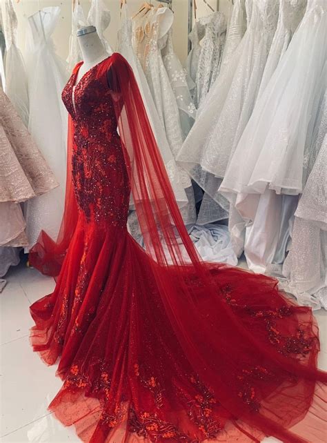 Stunning Bright Red Wedding Dress With Elegant Cape Veil Made To Order Red Bridal Gown With