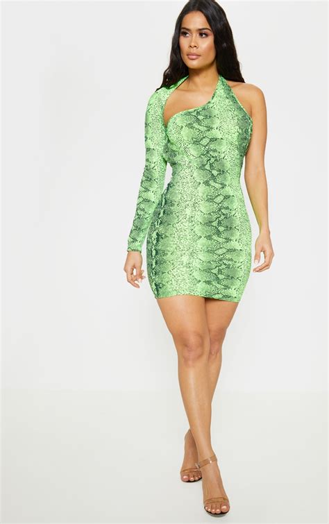 Neon Lime Snake Print One Shoulder Bodycon Dress Prettylittlething Usa