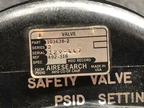 103638 2 Piper Pa 31t Airesearch Pressurization Safety Valve Assembly