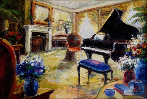 Framed Hand Painted Oil Painting Living Room With Grand Piano 24x36in