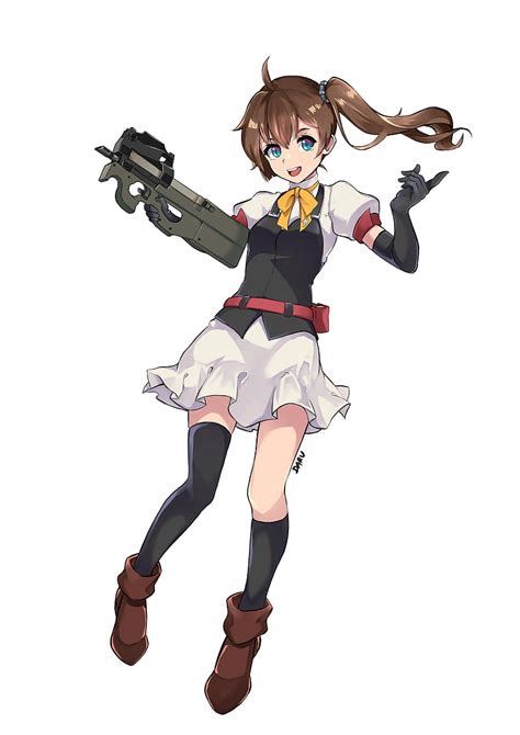 Anime Girls Gun FN P Weapon Vertical Brunette Blue Eyes Smiling Submachine Gun HD