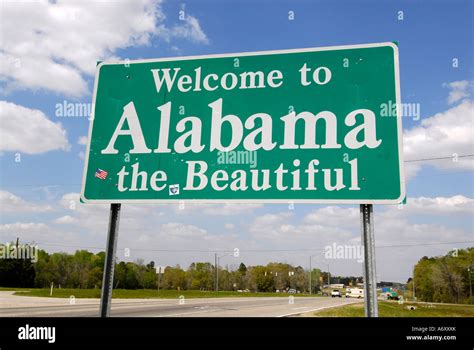 Welcome To Alabama The Beautiful Sign At The State Line Greeting Stock