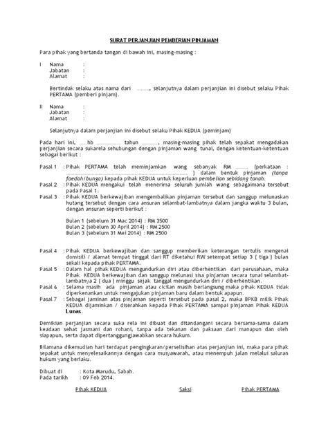 Hutang Contoh Surat Perjanjian Pinjaman Wang
