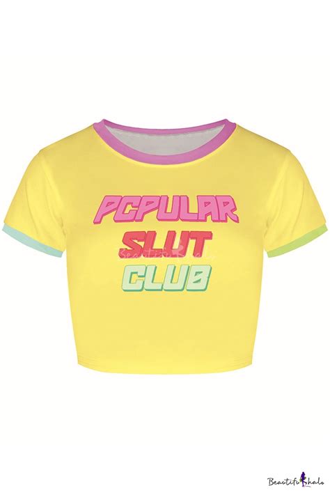 Letter Popular Slut Club Printed Short Sleeve Cropped Slim Yellow T