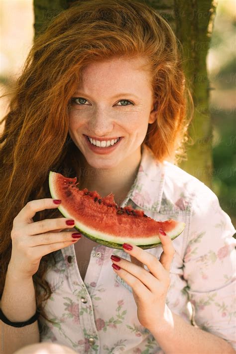 Smiling Woman Eating Watermelon By Stocksy Contributor Lumina Stocksy