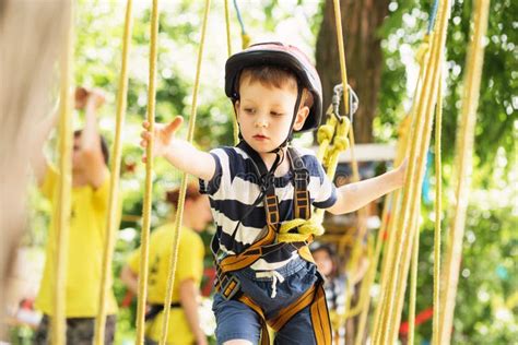 Kids Climbing In Adventure Park Boy Enjoys Climbing In The Rope Stock
