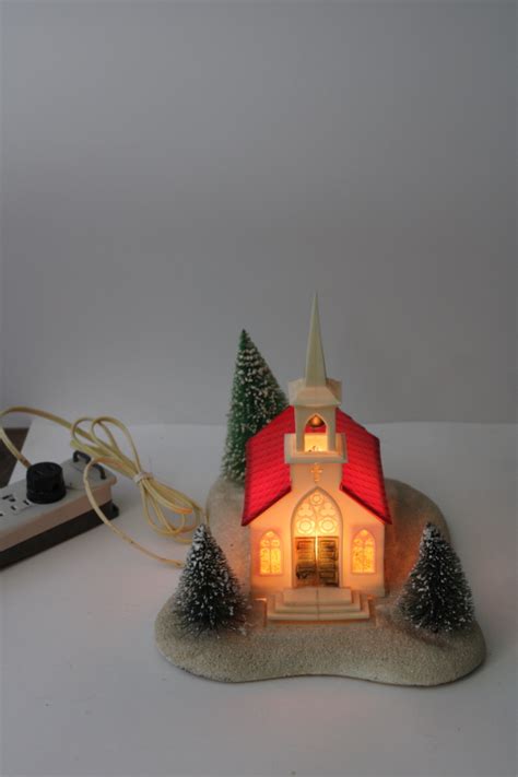 1950s Vintage Christmas Putz Decoration Large Lighted Church Music Box