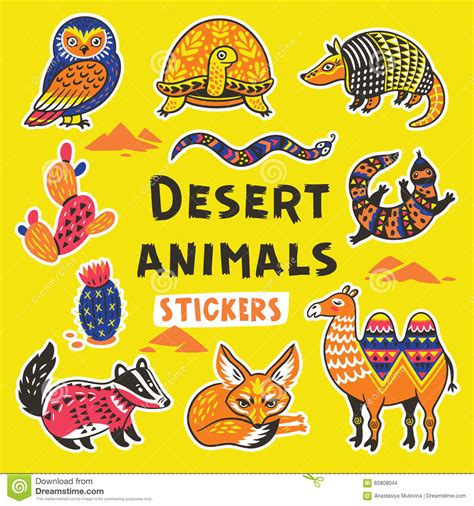 Sticker Set With Desert Animals Stock Vector