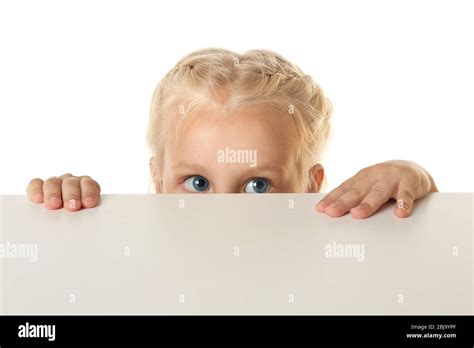 Funny Little Girl Hiding Behind White Table Stock Photo Alamy
