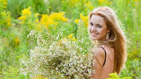 Wallpaper Women Outdoors Blonde Flowers Field Smiling Spring