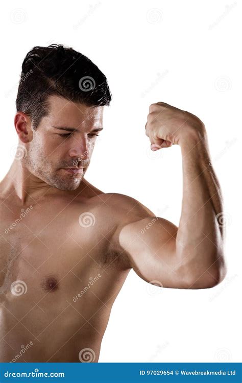 Shirtless American Football Player Flexing Muscles Stock Photo Image