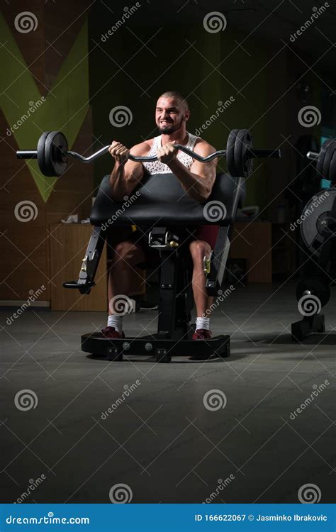 Bodybuilder Exercising Biceps With Barbell In Gym Stock Image Image