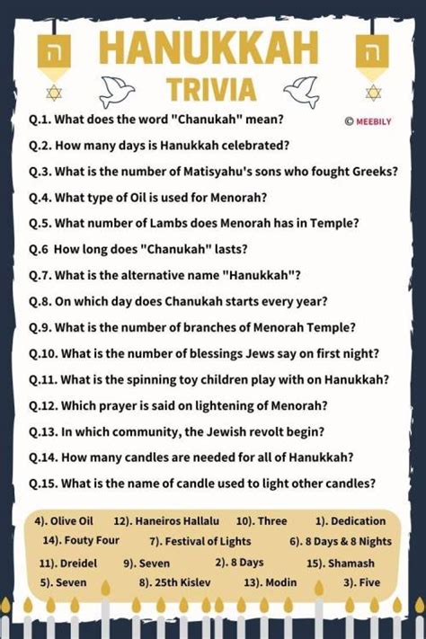 These questions might seem easy at first, but they get a little bit harder—and more bizarre—as they go on. 100+ Hanukkah Trivia Questions & Answers - Meebily