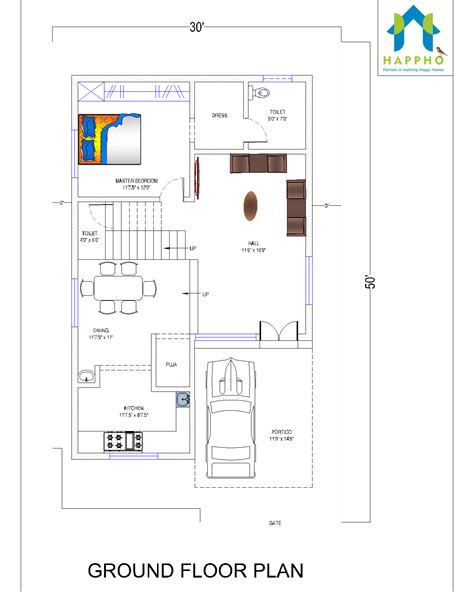 30x50 House Plan Design 3 Bhk Plan 071 Happho