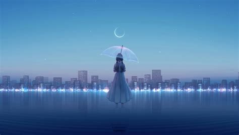 1360x768 Anime Girl Umbrella City 8k Laptop Hd Hd 4k Wallpapers Images
