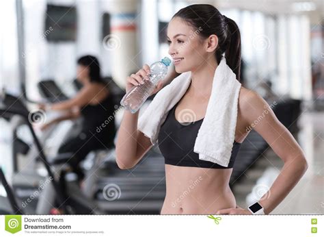 Delighted Girl Drinking Water After Training Stock Image Image Of