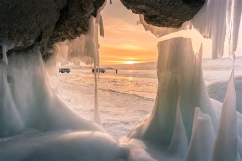 Freezing Ice Cave Beautiful After Sunset Sky Baikal Southern Siberia
