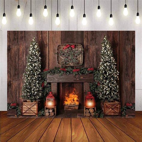 Brown Wooden Photography Backdrops Christmas Fireplace