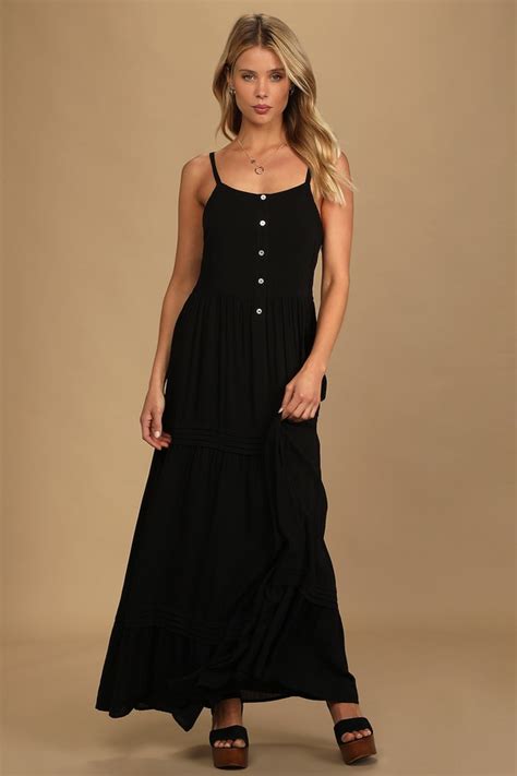 Black Maxi Dress Sleeveless Maxi Dress Buttoned Tiered Dress Lulus