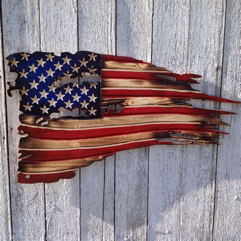 Rustic Wood Tattered American Flag 8bf
