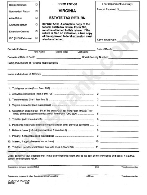 Form Est 80 Virginia Estate Tax Return Printable Pdf Download