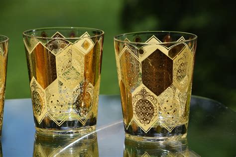 Vintage Cocktail Flared Whiskey Glasses Set Of 6 Vintage Rocks Gold And Yellow Glasses 1950 S
