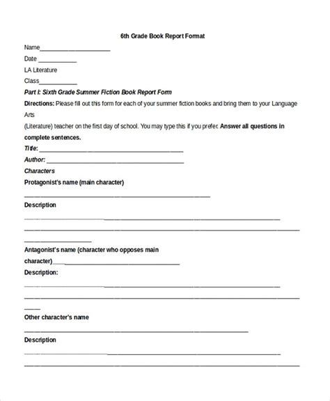 ⚡ 6th Grade Book Report Format Sixth Grade Book Report Form Download