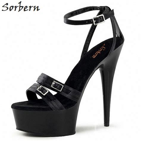 Sorbern Black Heels 15cm Silk One Straps Ankle Strap Cover Heeled Women Shoes Heels Platform